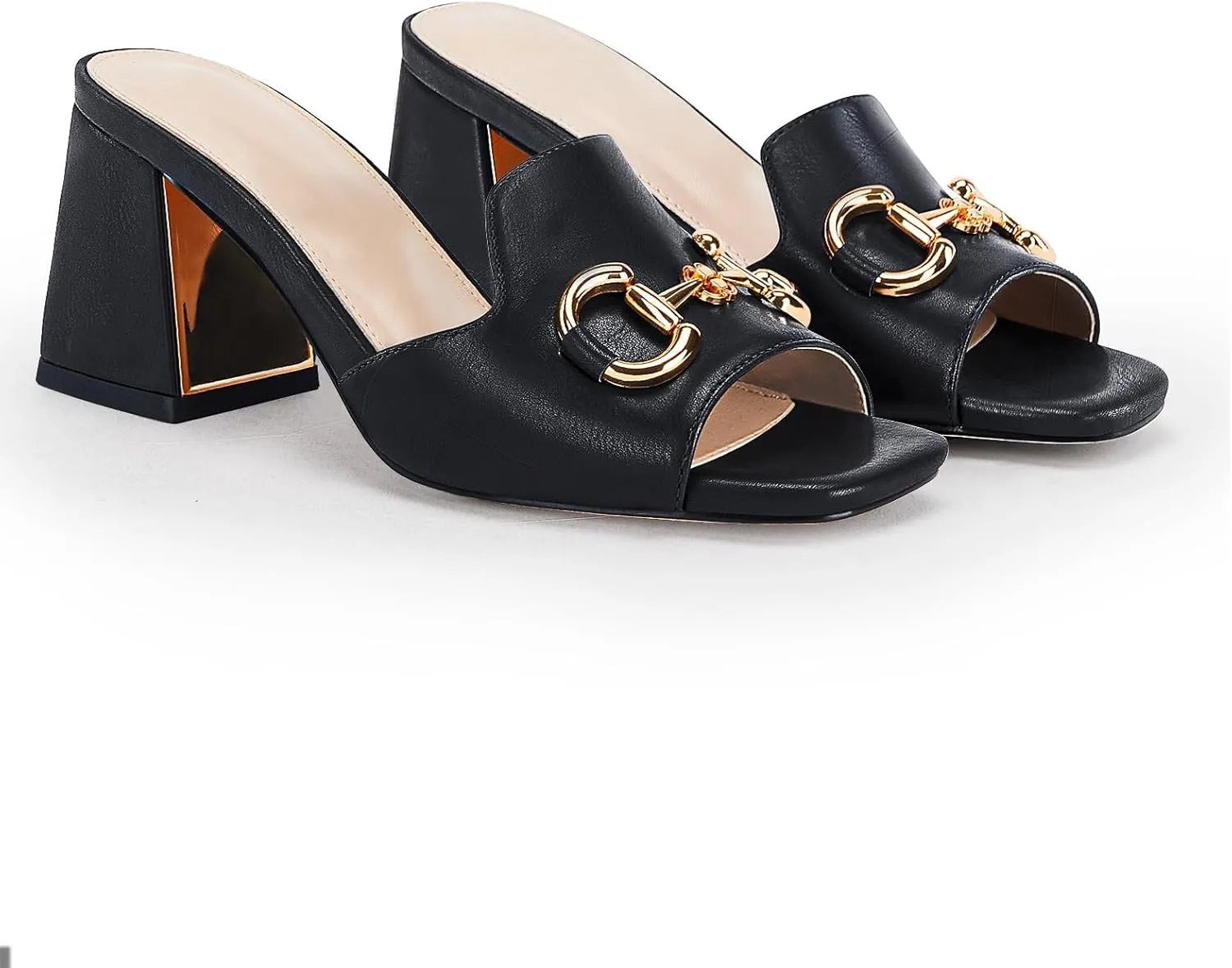 gihubafuil Women's Sandals Peep Toe Slides Chunky Heel Mules Single Band Comfort Slip-on Shoes with Metal Chain for Spring Summer