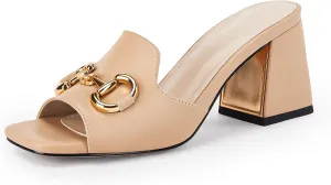 gihubafuil Women's Sandals Peep Toe Slides Chunky Heel Mules Single Band Comfort Slip-on Shoes with Metal Chain for Spring Summer