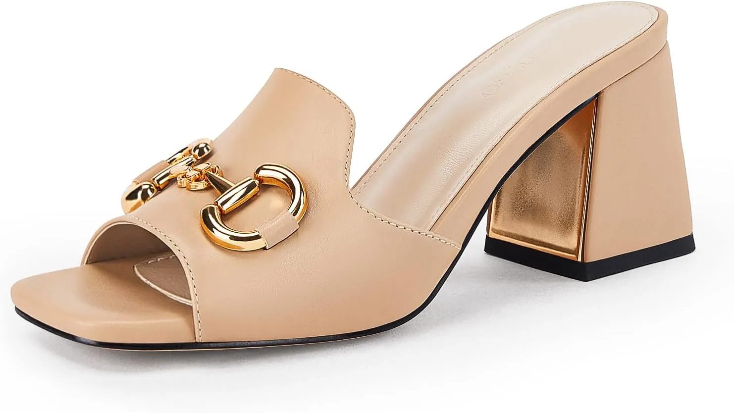 gihubafuil Women's Sandals Peep Toe Slides Chunky Heel Mules Single Band Comfort Slip-on Shoes with Metal Chain for Spring Summer
