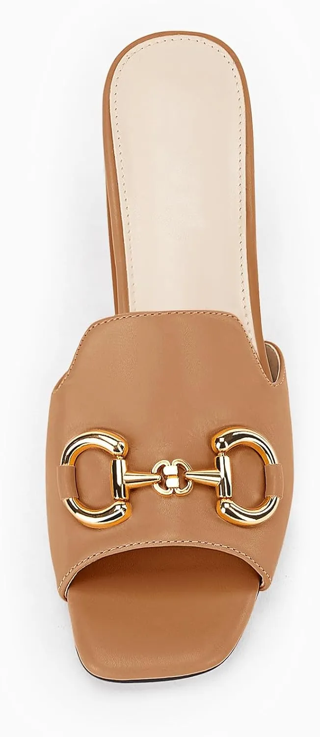 gihubafuil Women's Sandals Peep Toe Slides Chunky Heel Mules Single Band Comfort Slip-on Shoes with Metal Chain for Spring Summer