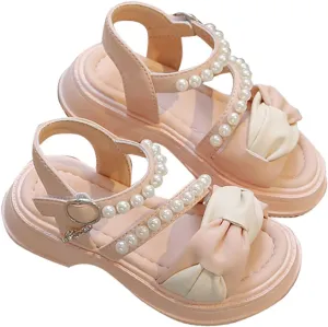 Girls Kids Beaded Adjusted Buckle Sandals Baby Childrens Sole Non Slip Bow Rubber Shoes Summer Light Strap Dance Shoes