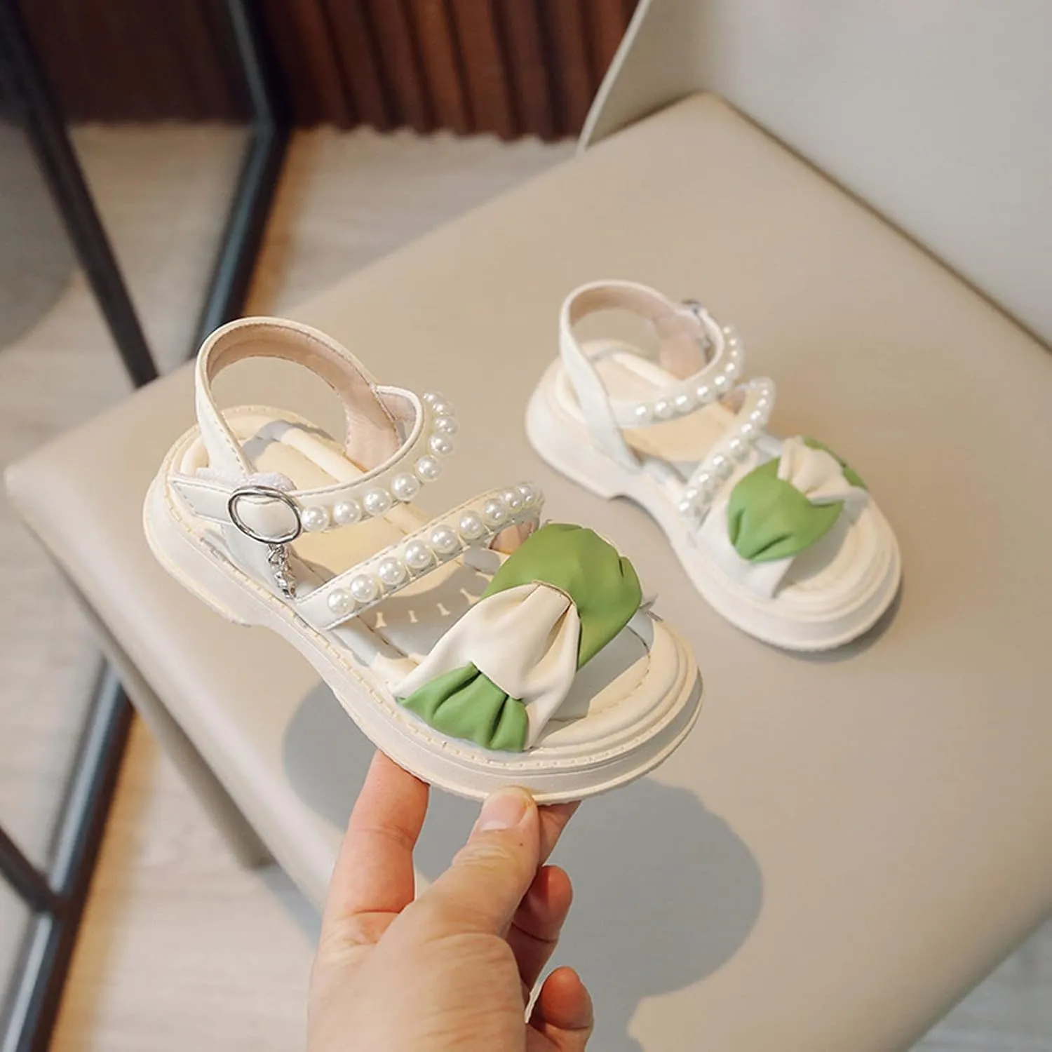 Girls Kids Beaded Adjusted Buckle Sandals Baby Childrens Sole Non Slip Bow Rubber Shoes Summer Light Strap Dance Shoes