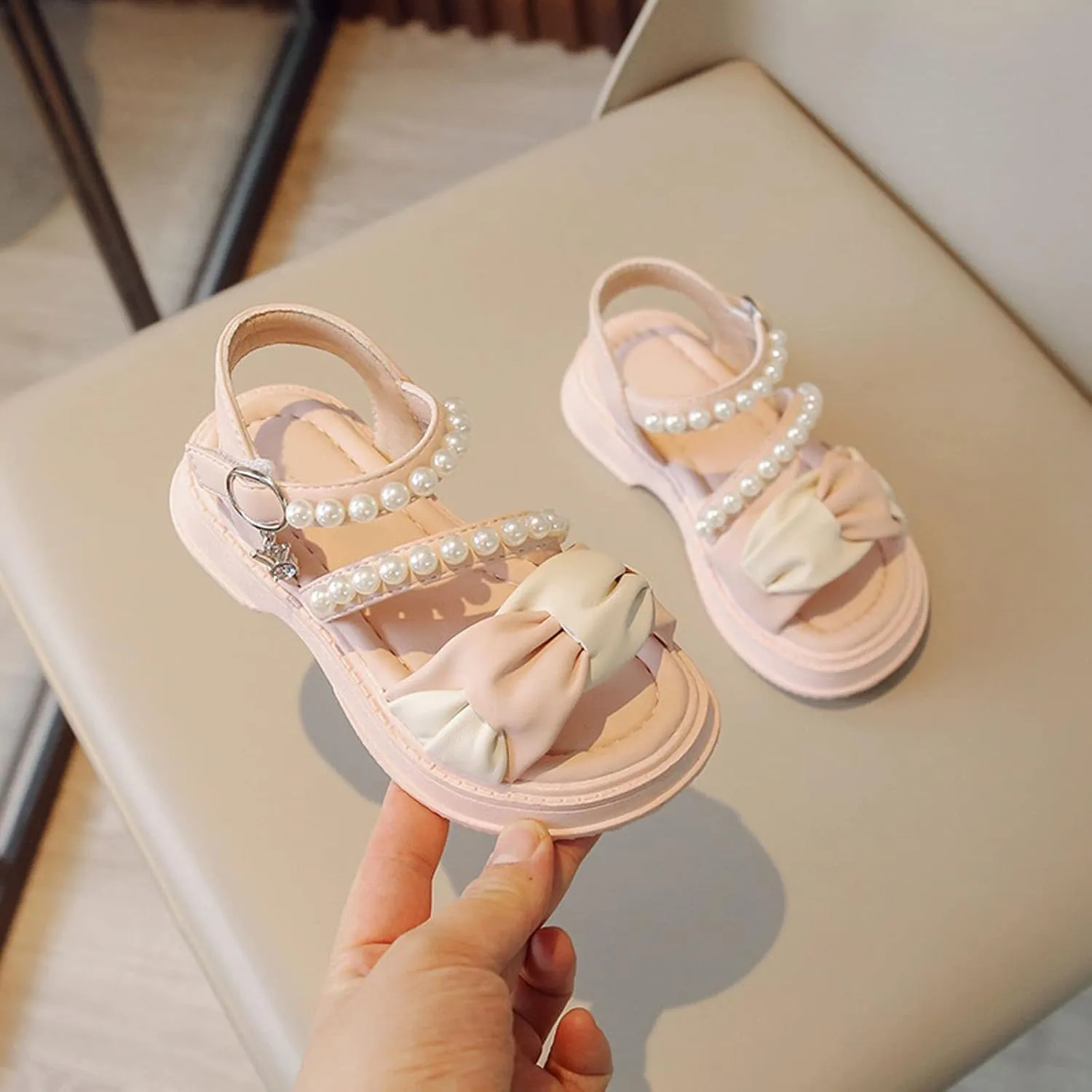 Girls Kids Beaded Adjusted Buckle Sandals Baby Childrens Sole Non Slip Bow Rubber Shoes Summer Light Strap Dance Shoes