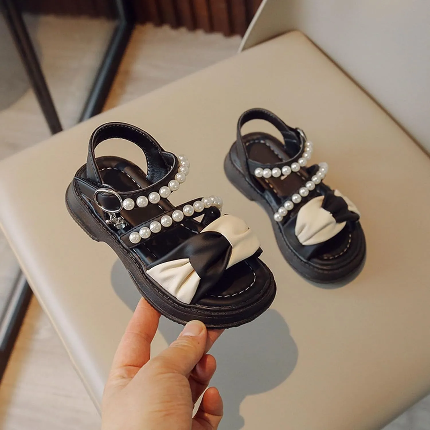 Girls Kids Beaded Adjusted Buckle Sandals Baby Childrens Sole Non Slip Bow Rubber Shoes Summer Light Strap Dance Shoes