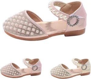 Girls Pearl Glitter Closed Toe Sandals Pearl Strap Ankle Wedding Elegant Princess Shoes Kids Girls Pageant Sandals