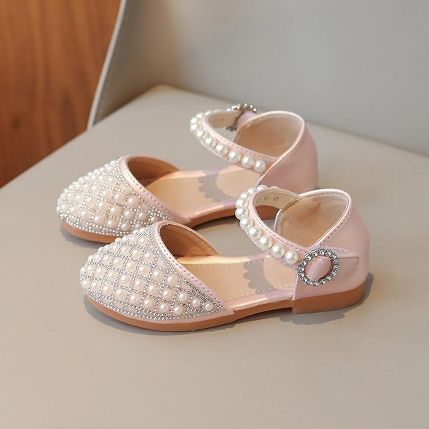 Girls Pearl Glitter Closed Toe Sandals Pearl Strap Ankle Wedding Elegant Princess Shoes Kids Girls Pageant Sandals