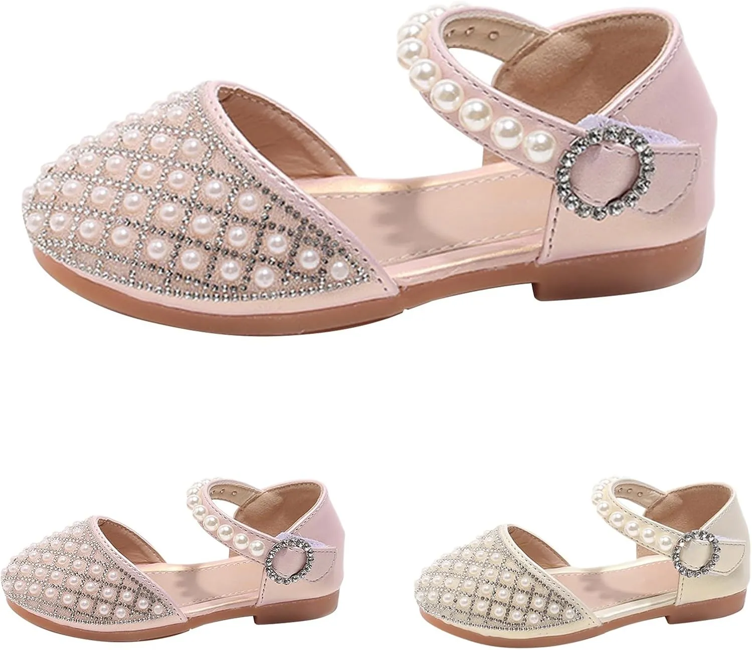 Girls Pearl Glitter Closed Toe Sandals Pearl Strap Ankle Wedding Elegant Princess Shoes Kids Girls Pageant Sandals