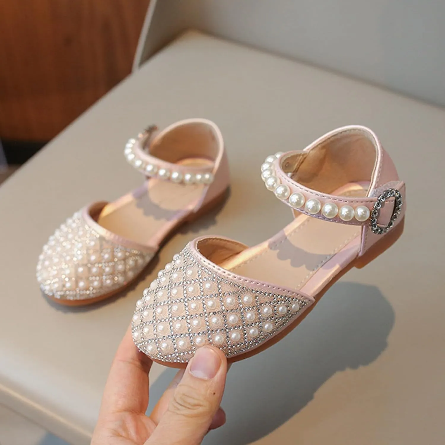 Girls Pearl Glitter Closed Toe Sandals Pearl Strap Ankle Wedding Elegant Princess Shoes Kids Girls Pageant Sandals