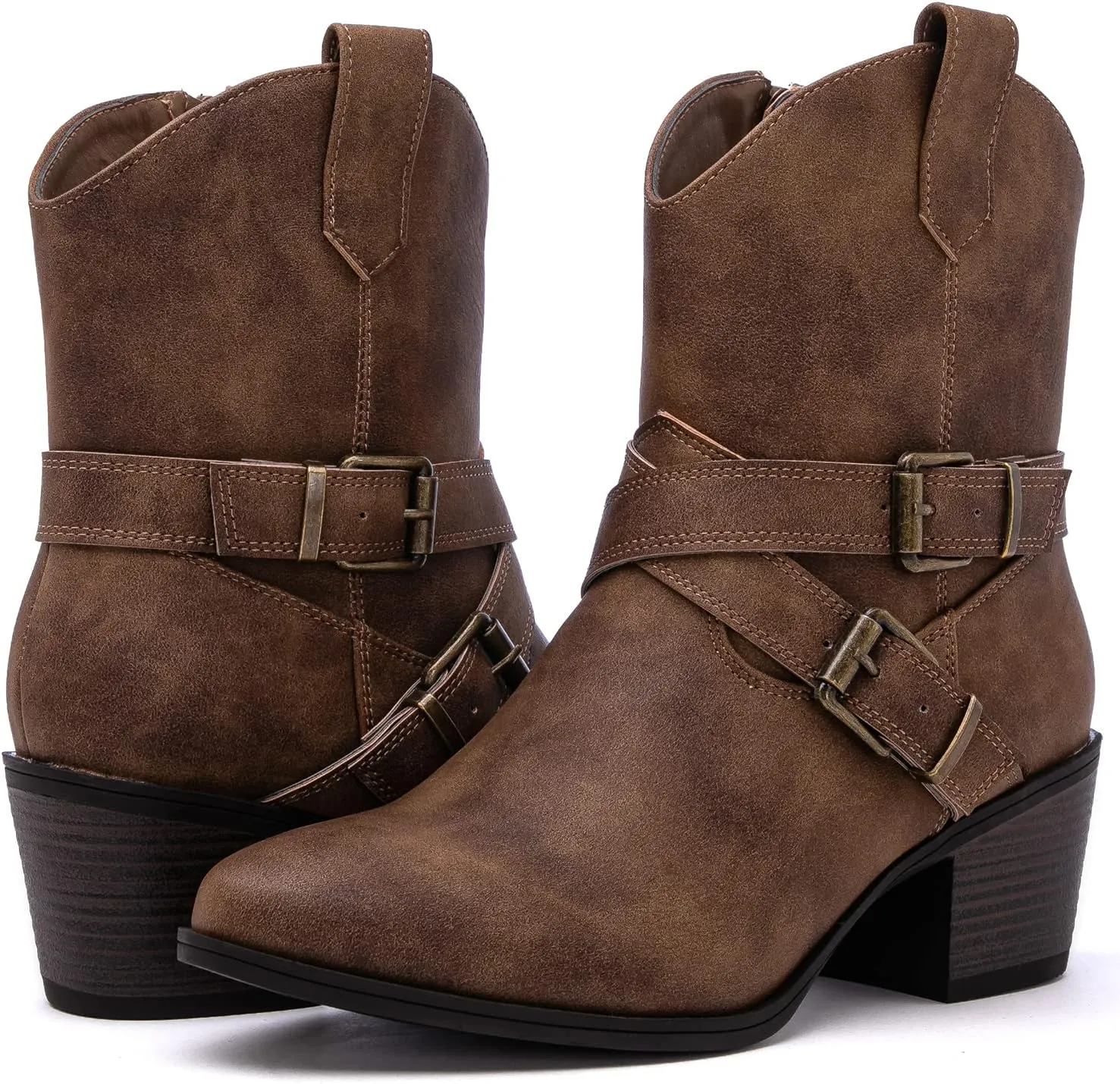 GLOBALWIN Women's Mid Calf Western Cowboy Boots Comfortable Cowgirl Boots for Women With Zipper Chunky Low Heel