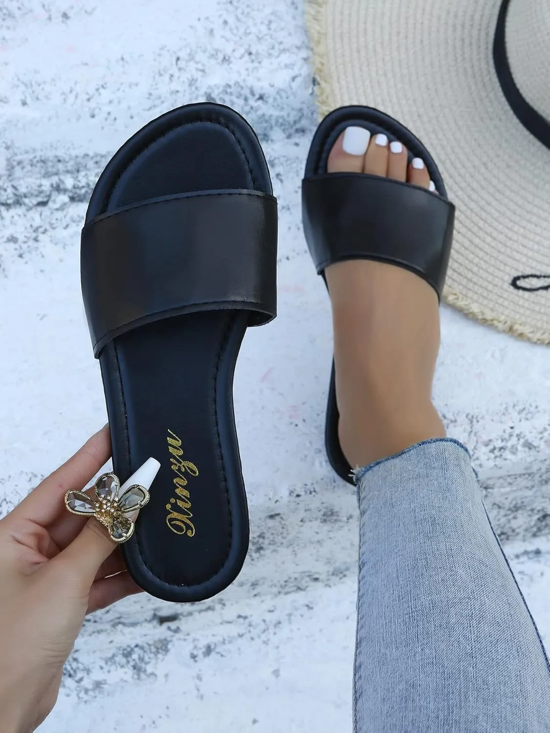 GORGLITTER PU Leather Flat Sandals Open Toe Slip On Slides Sandals