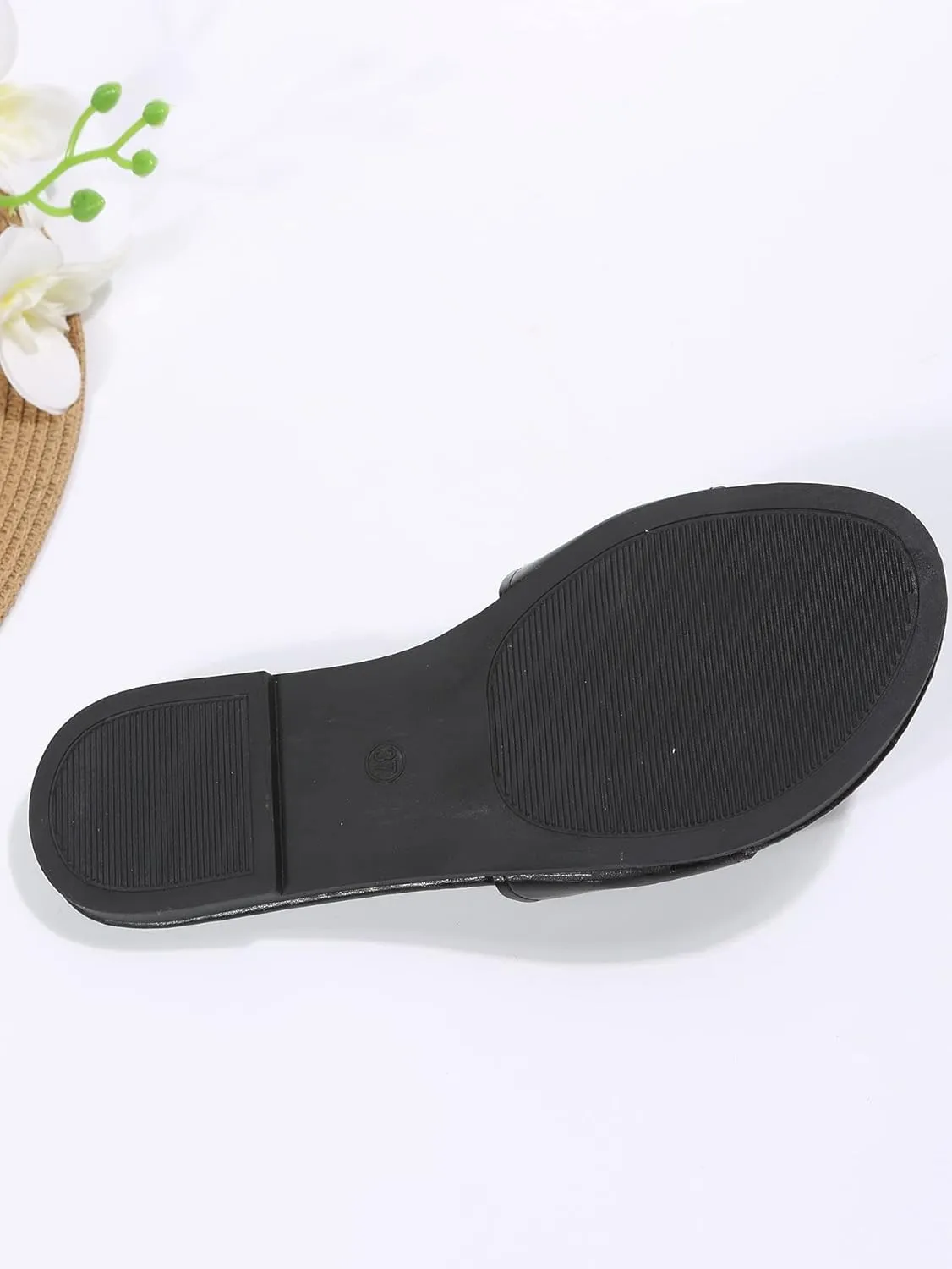 GORGLITTER PU Leather Flat Sandals Open Toe Slip On Slides Sandals
