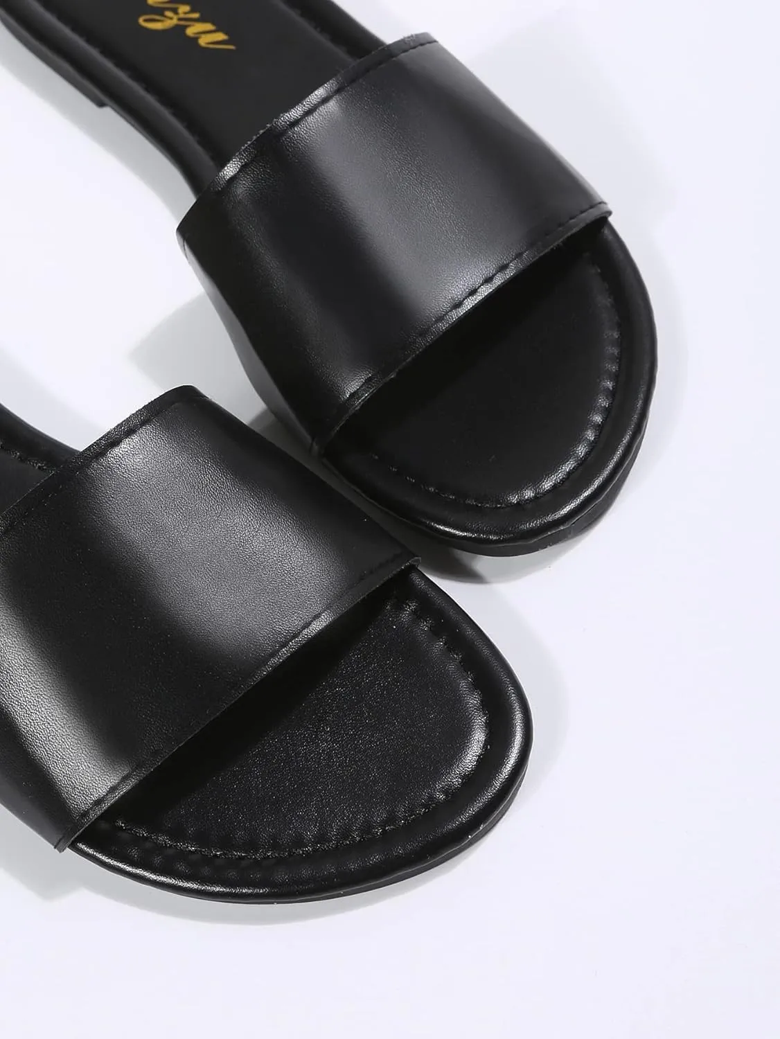 GORGLITTER PU Leather Flat Sandals Open Toe Slip On Slides Sandals