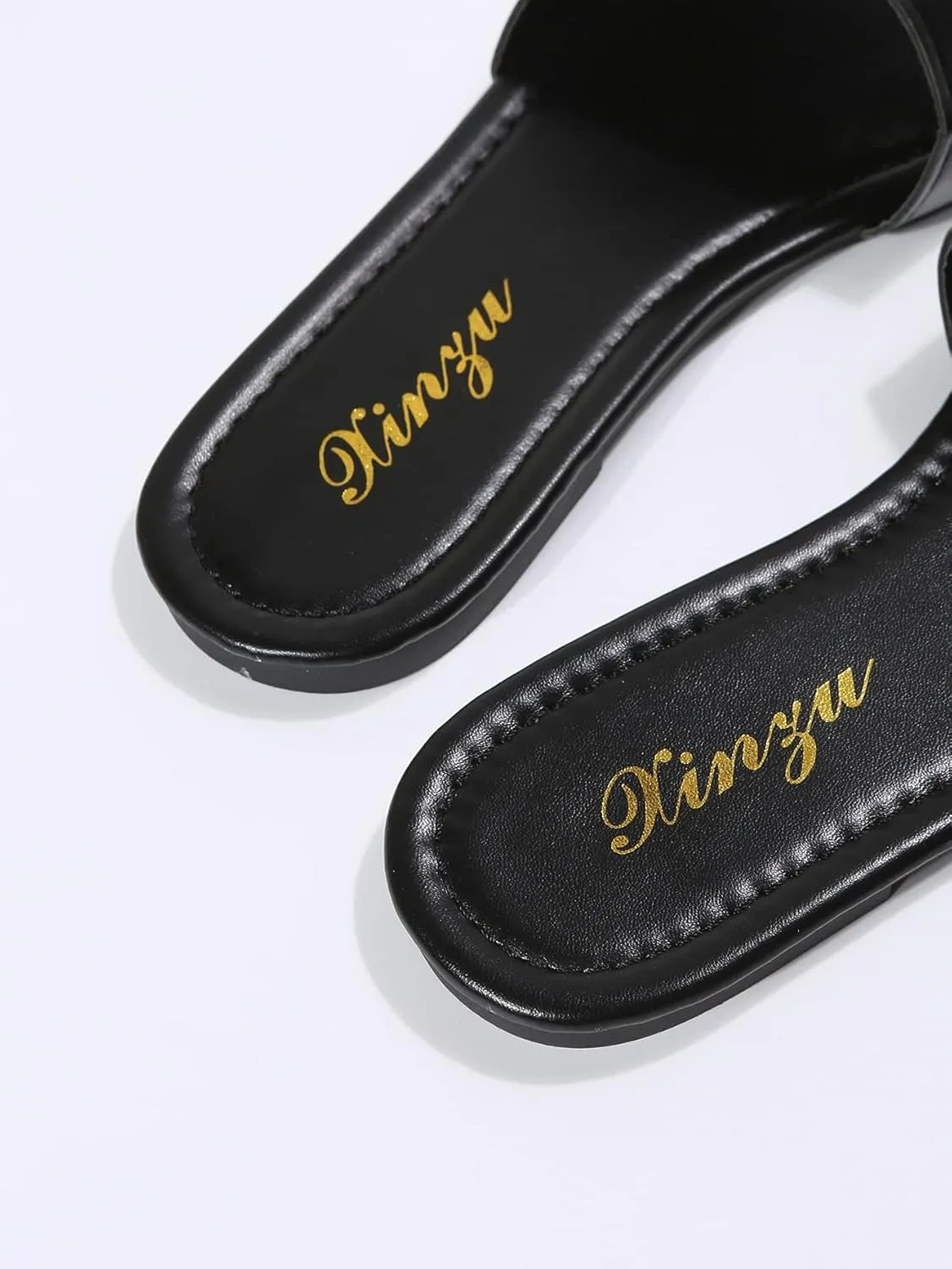 GORGLITTER PU Leather Flat Sandals Open Toe Slip On Slides Sandals