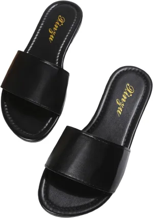 GORGLITTER PU Leather Flat Sandals Open Toe Slip On Slides Sandals