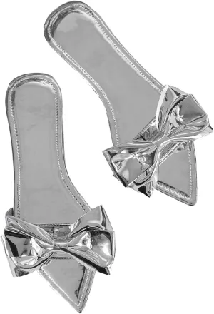GORGLITTER Women's Bow Flat Sandals Metallic Dressy Point Open Toe Summer Slip on Slide Sandals
