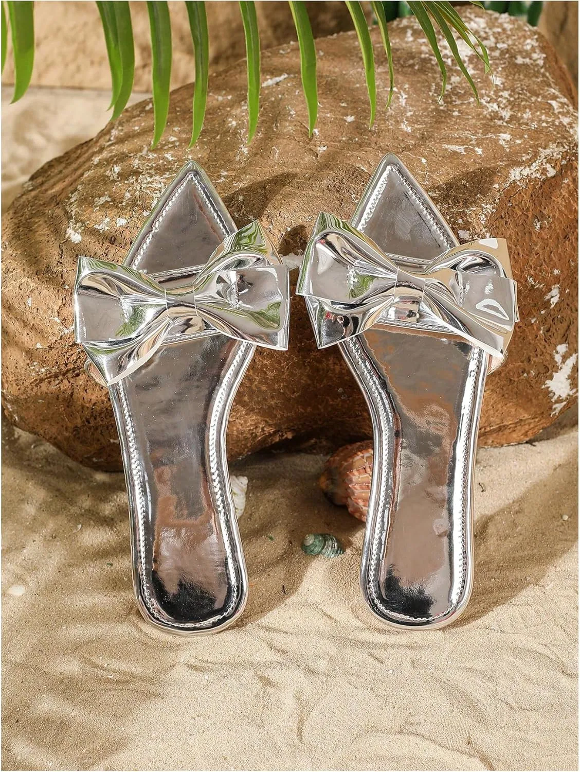 GORGLITTER Women's Bow Flat Sandals Metallic Dressy Point Open Toe Summer Slip on Slide Sandals