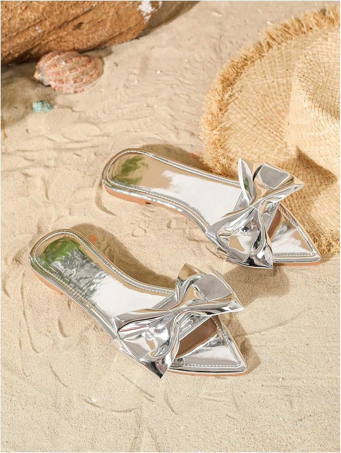 GORGLITTER Women's Bow Flat Sandals Metallic Dressy Point Open Toe Summer Slip on Slide Sandals