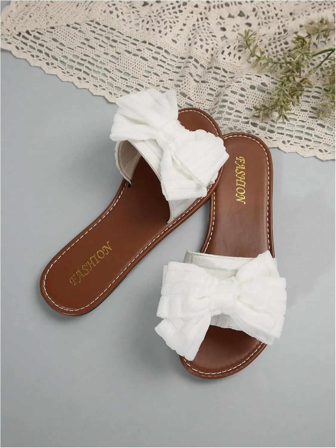 GORGLITTER Women's Bow Flat Sandals Open Toe Slip On Vacation Dressy Slide Sandals