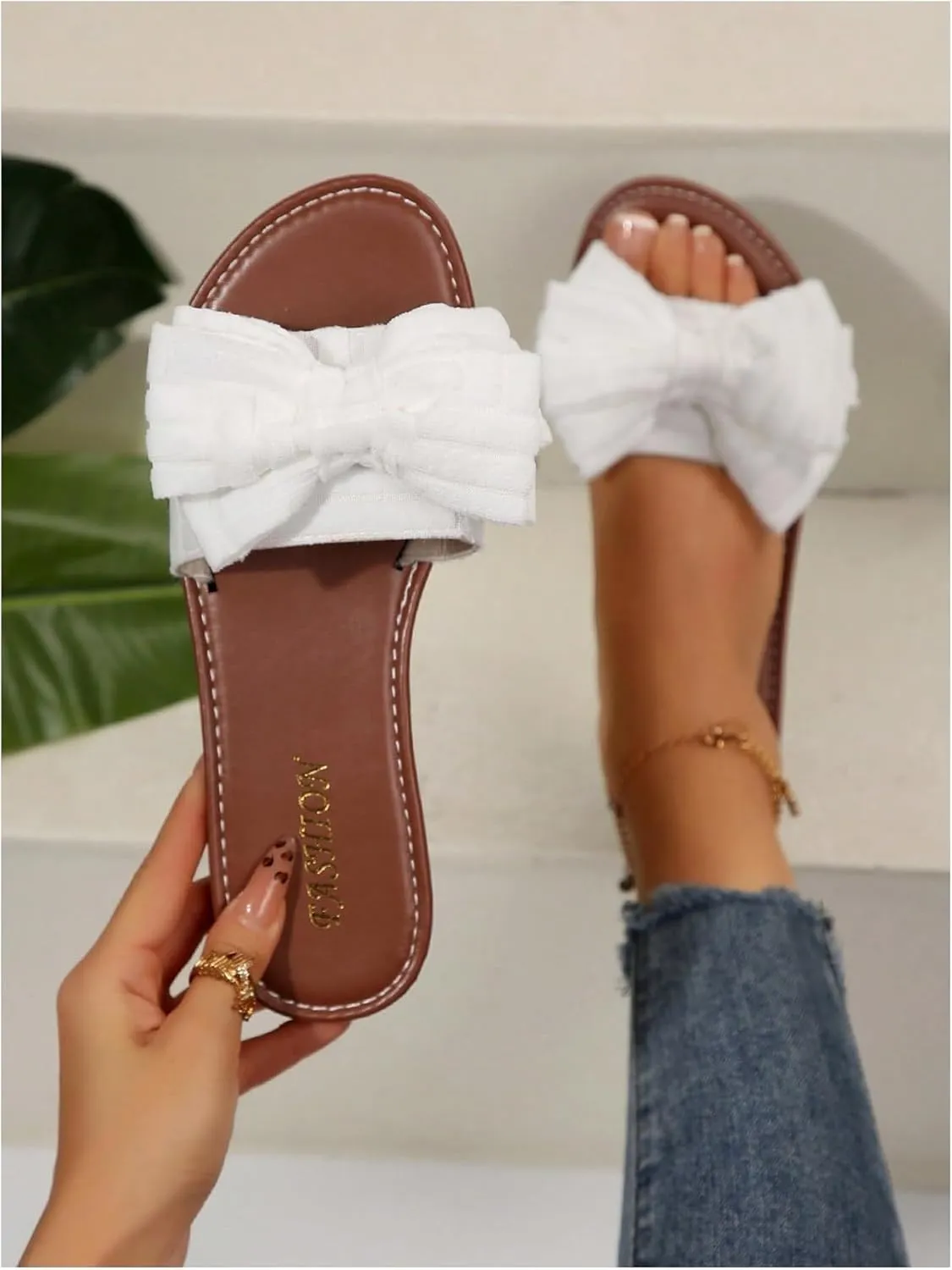 GORGLITTER Women's Bow Flat Sandals Open Toe Slip On Vacation Dressy Slide Sandals