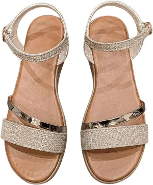 GORGLITTER Women's Glitter Metallic Flats Open Toe Flip Flops Ankle Strap Slide Sandals