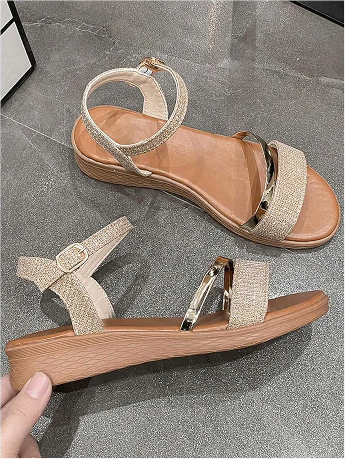GORGLITTER Women's Glitter Metallic Flats Open Toe Flip Flops Ankle Strap Slide Sandals