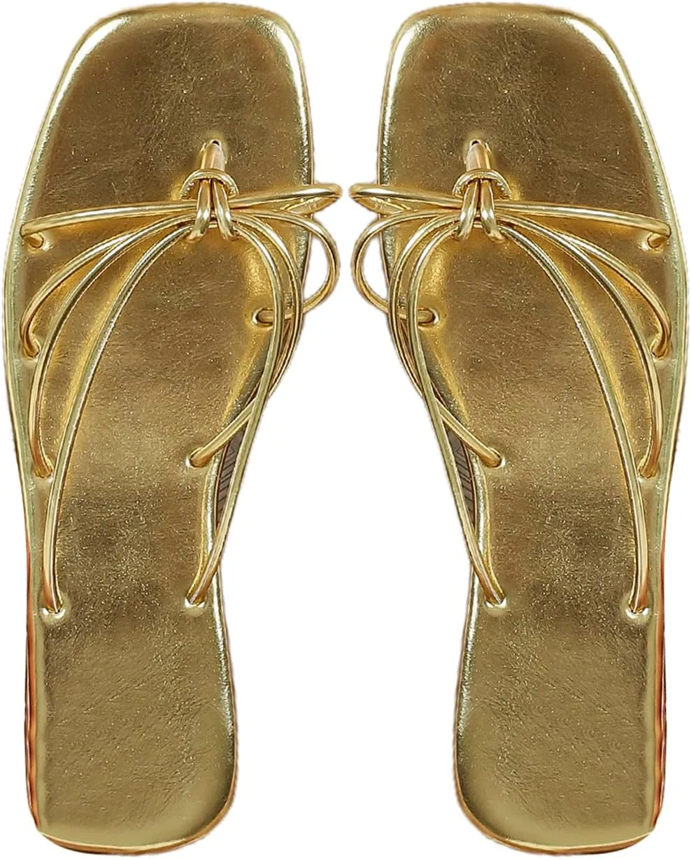 GORGLITTER Women's Metallic Strappy Flat Sandals Slip on Sandals Open Toe Sparkle Slides Sandals