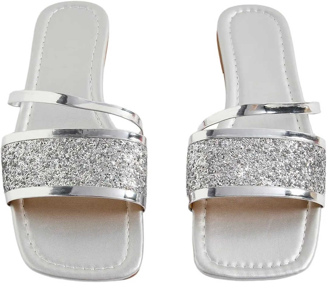 GORGLITTER Women's Sequin Flat Sandals Metallic Fashion Dressy Sandals