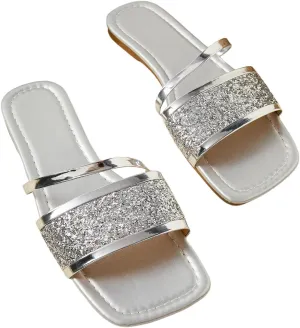 GORGLITTER Women's Sequin Flat Sandals Metallic Fashion Dressy Sandals
