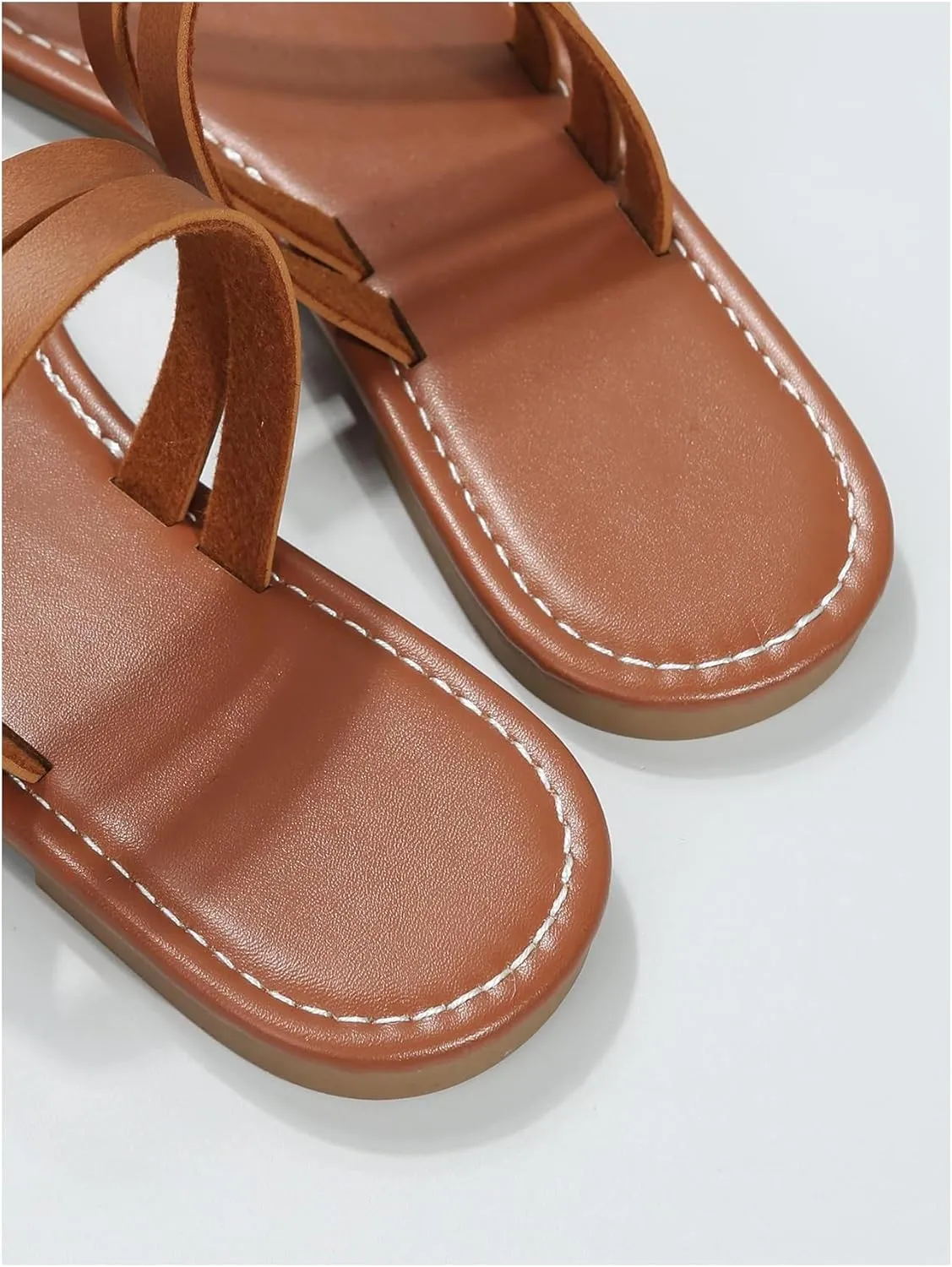 GORGLITTER Women's Strappy Leather Flats Sandal Cute Dressy Toe Ring Slip on Slide Sandals