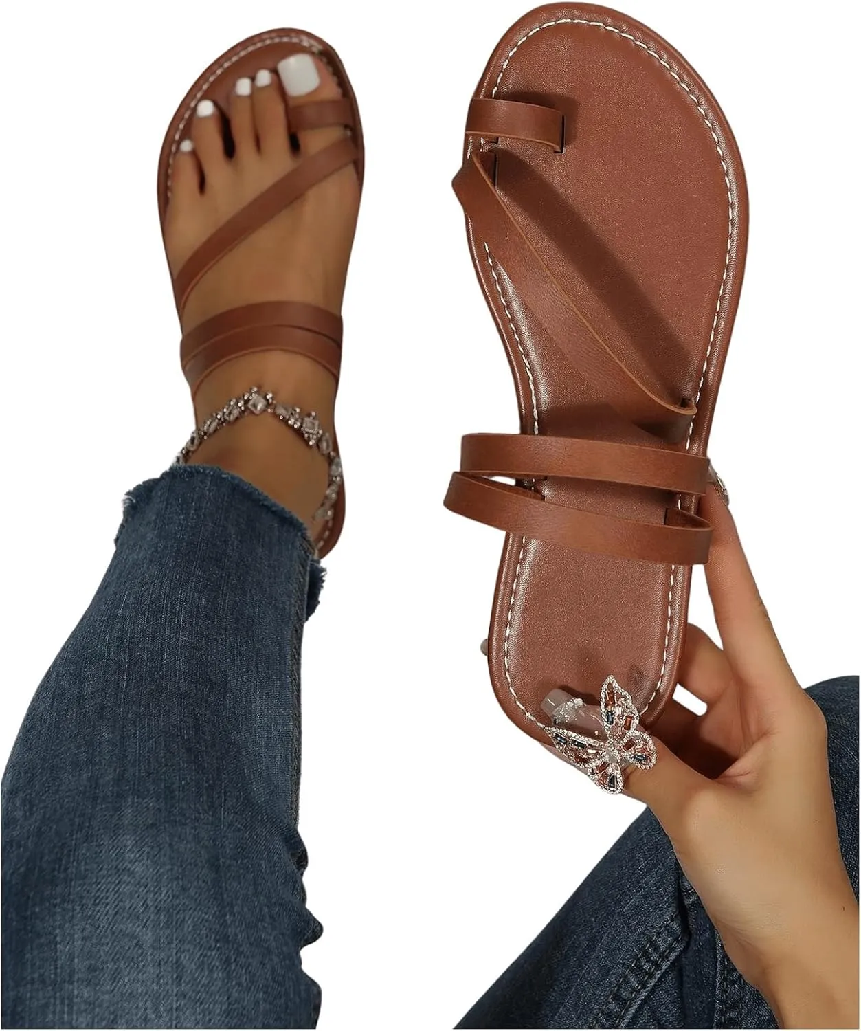 GORGLITTER Women's Strappy Leather Flats Sandal Cute Dressy Toe Ring Slip on Slide Sandals