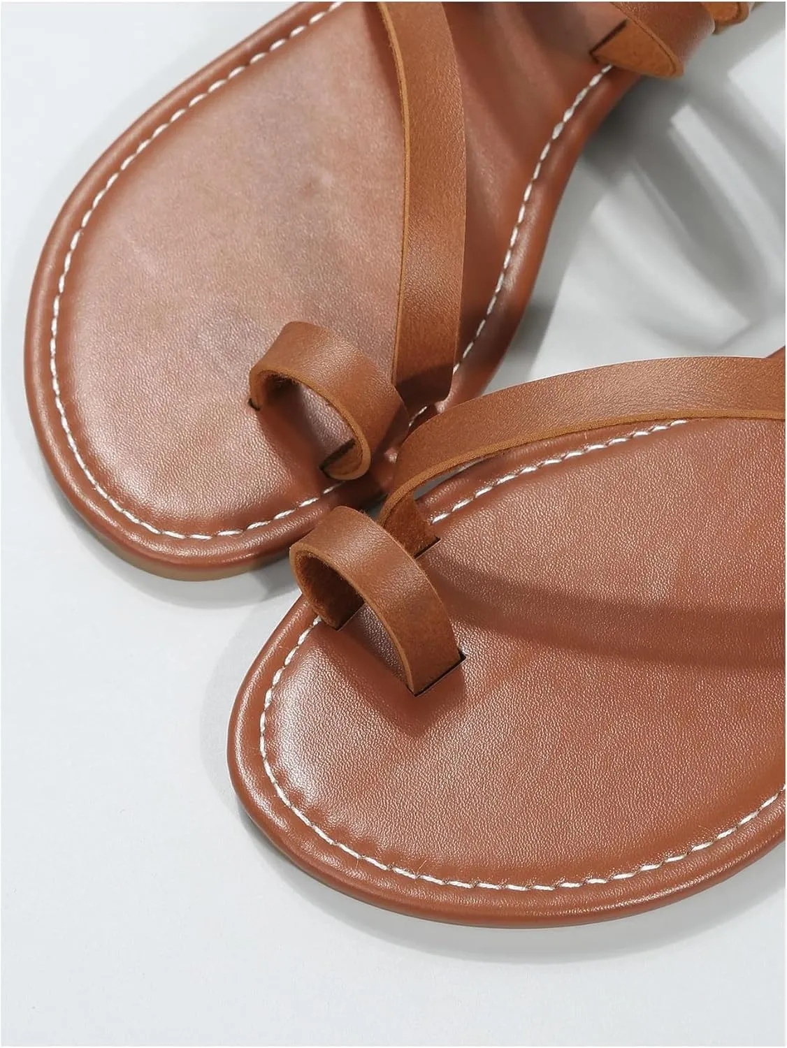 GORGLITTER Women's Strappy Leather Flats Sandal Cute Dressy Toe Ring Slip on Slide Sandals