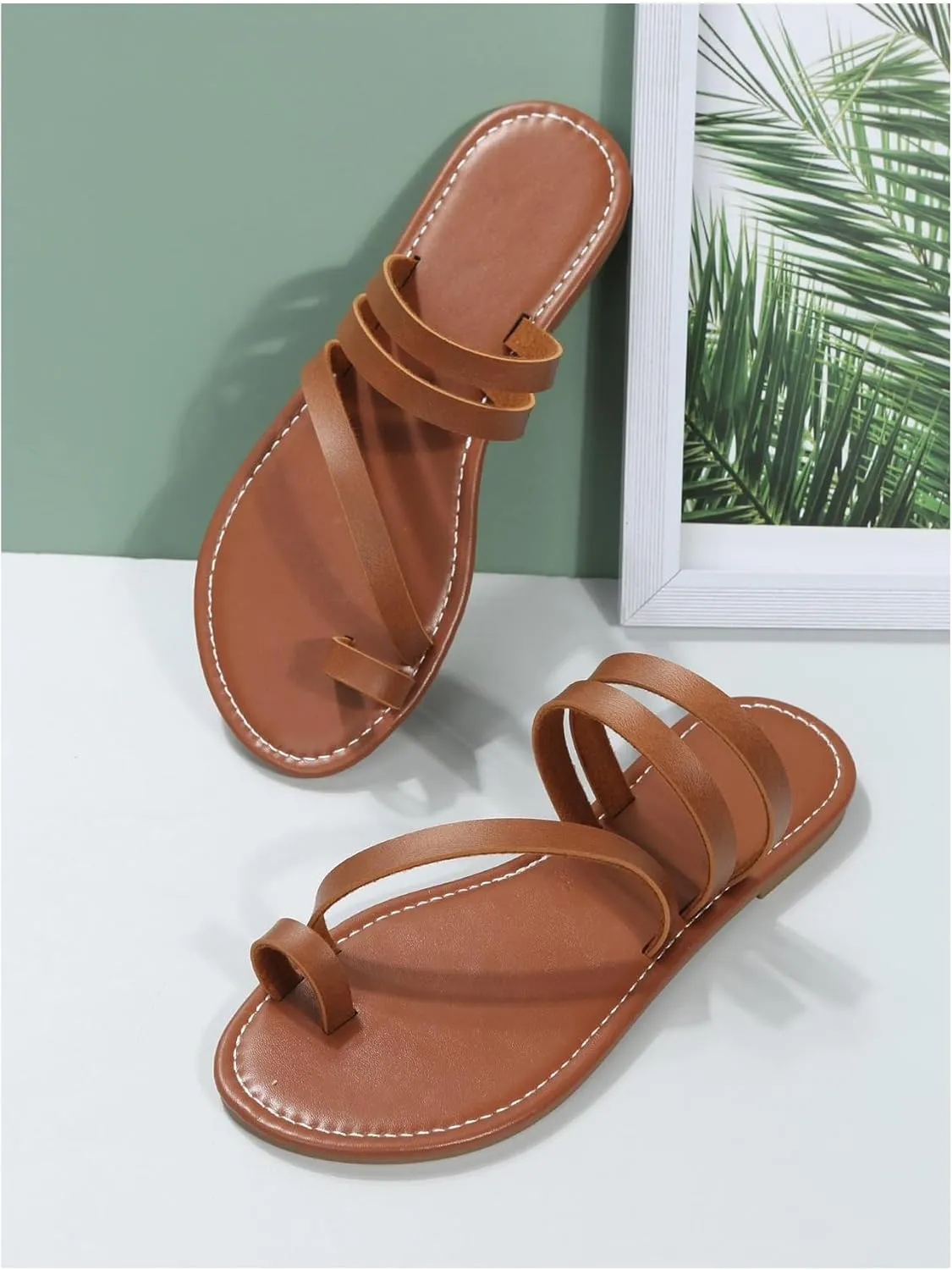 GORGLITTER Women's Strappy Leather Flats Sandal Cute Dressy Toe Ring Slip on Slide Sandals