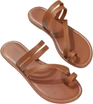 GORGLITTER Women's Strappy Leather Flats Sandal Cute Dressy Toe Ring Slip on Slide Sandals