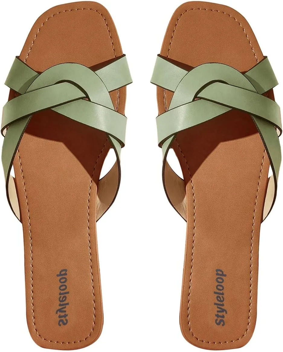 GORGLITTER Women's Summer Beach Flat Cute Sandals 2025 Twist Cross Strappy Square Toe Slide