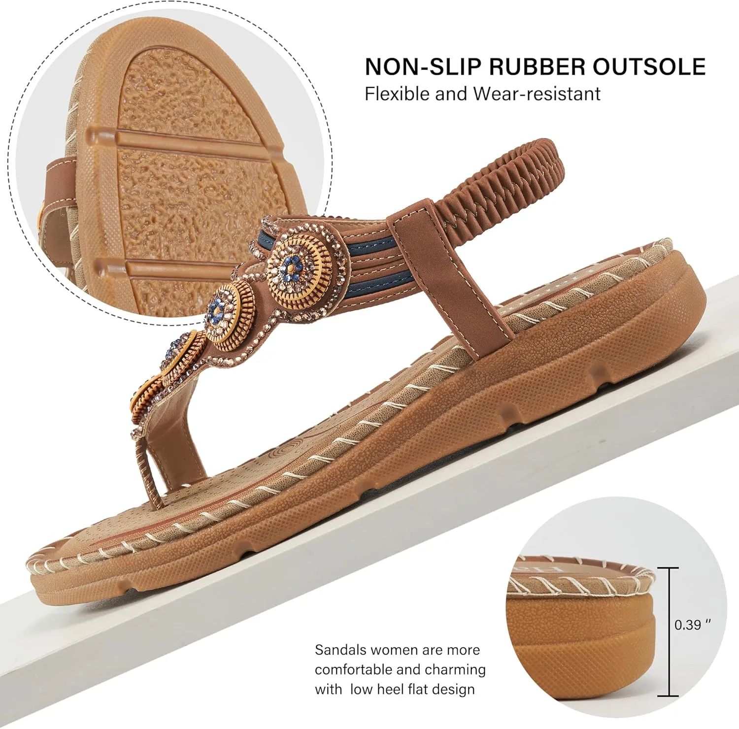 HARENCE Flat Sandals for Women Dressy: Comfortable Summer Flats Shoes Elastic Ankle Strap Bohemian Beaded Beach Sandal