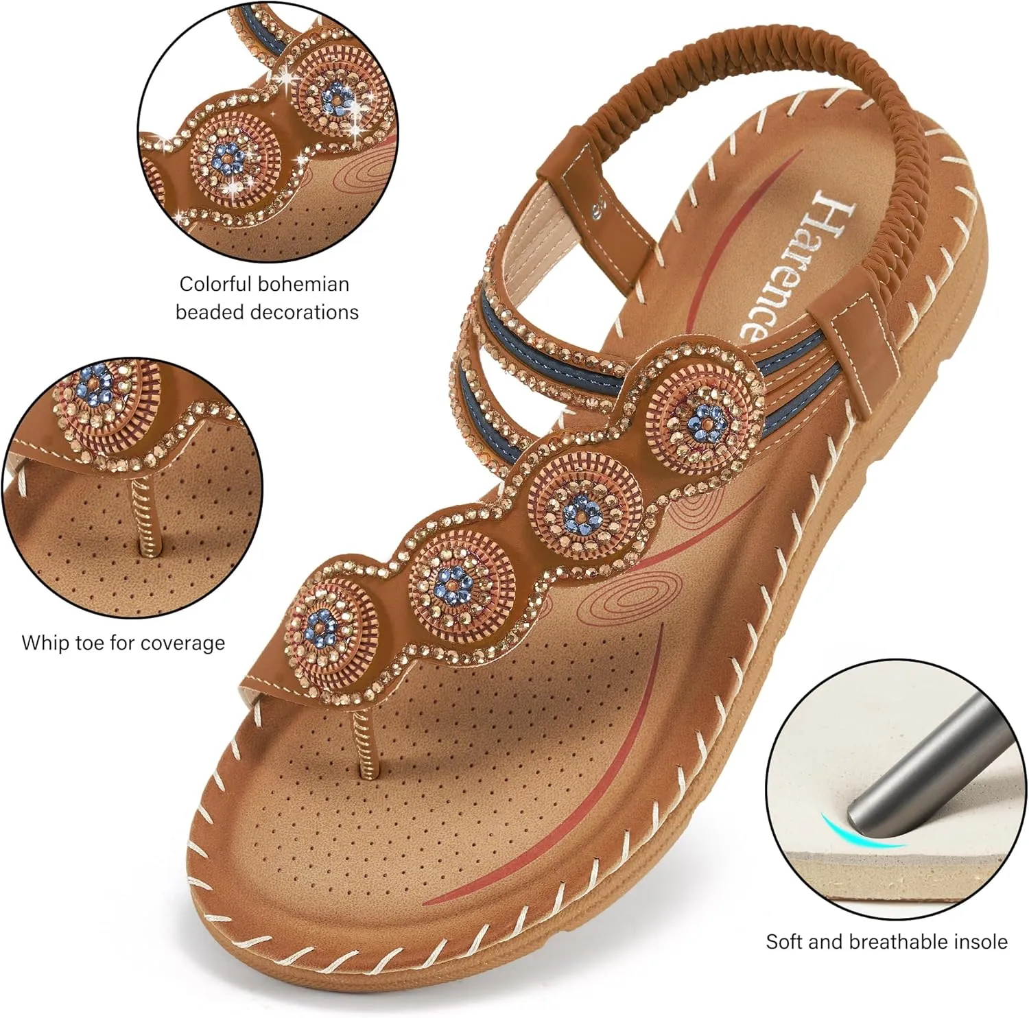HARENCE Flat Sandals for Women Dressy: Comfortable Summer Flats Shoes Elastic Ankle Strap Bohemian Beaded Beach Sandal