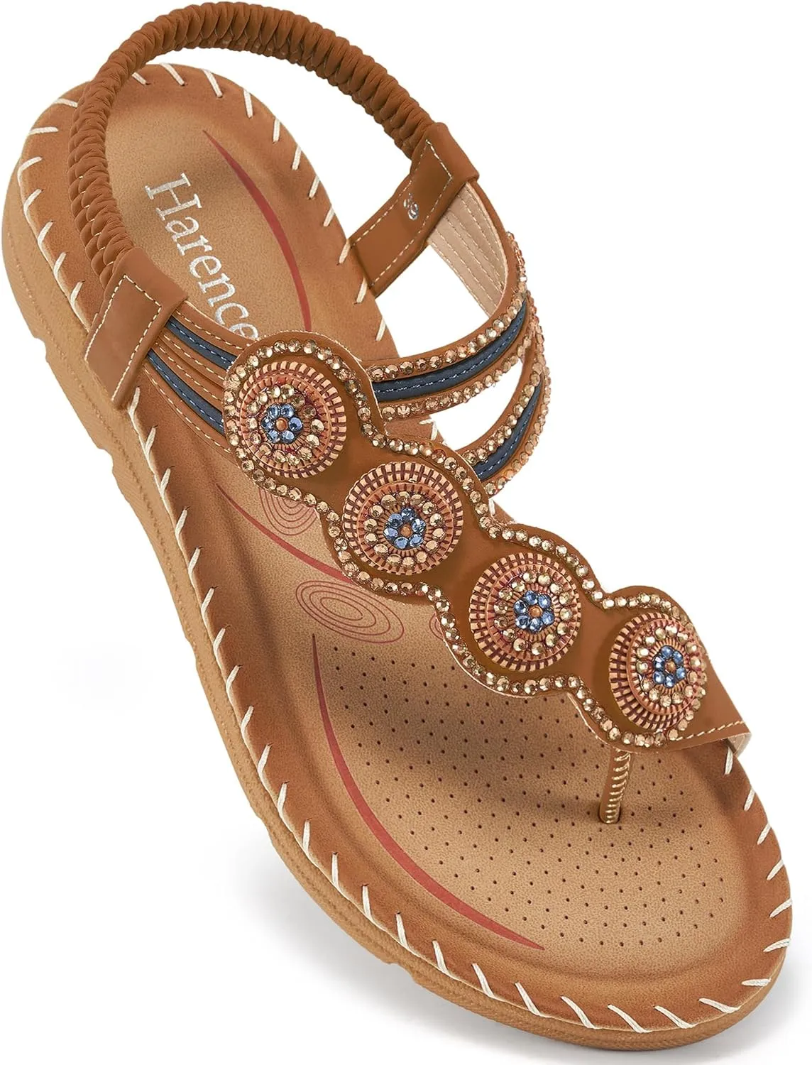 HARENCE Flat Sandals for Women Dressy: Comfortable Summer Flats Shoes Elastic Ankle Strap Bohemian Beaded Beach Sandal