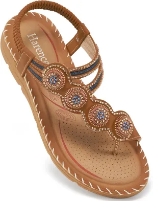 HARENCE Flat Sandals for Women Dressy: Comfortable Summer Flats Shoes Elastic Ankle Strap Bohemian Beaded Beach Sandal