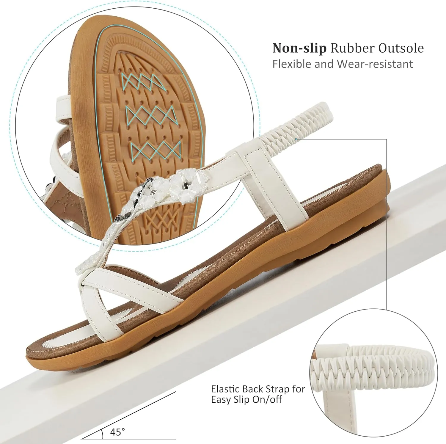 HARENCE Sandals Women Summer Flats: Comfortable Elastic Ankle Strap Dress Flat Shoes Casual Slip on Open Toe Bling Bohemian Beach Sandal