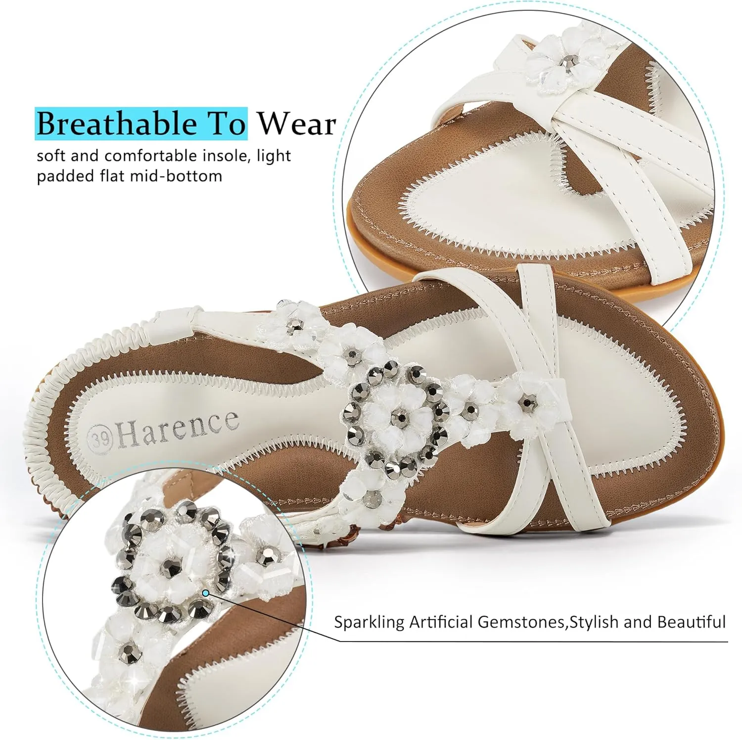 HARENCE Sandals Women Summer Flats: Comfortable Elastic Ankle Strap Dress Flat Shoes Casual Slip on Open Toe Bling Bohemian Beach Sandal