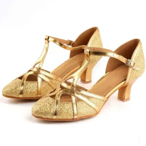 Hbeylia Vintage Dress Pump Sandals Shoes for Women Ladies Glitter Sequin Round Toe Chunky Mid Heels Cross Ankle Strap Dressy Ballet Flats Retro Ballroom Latin Salsa Dance Shoes for Wedding Party
