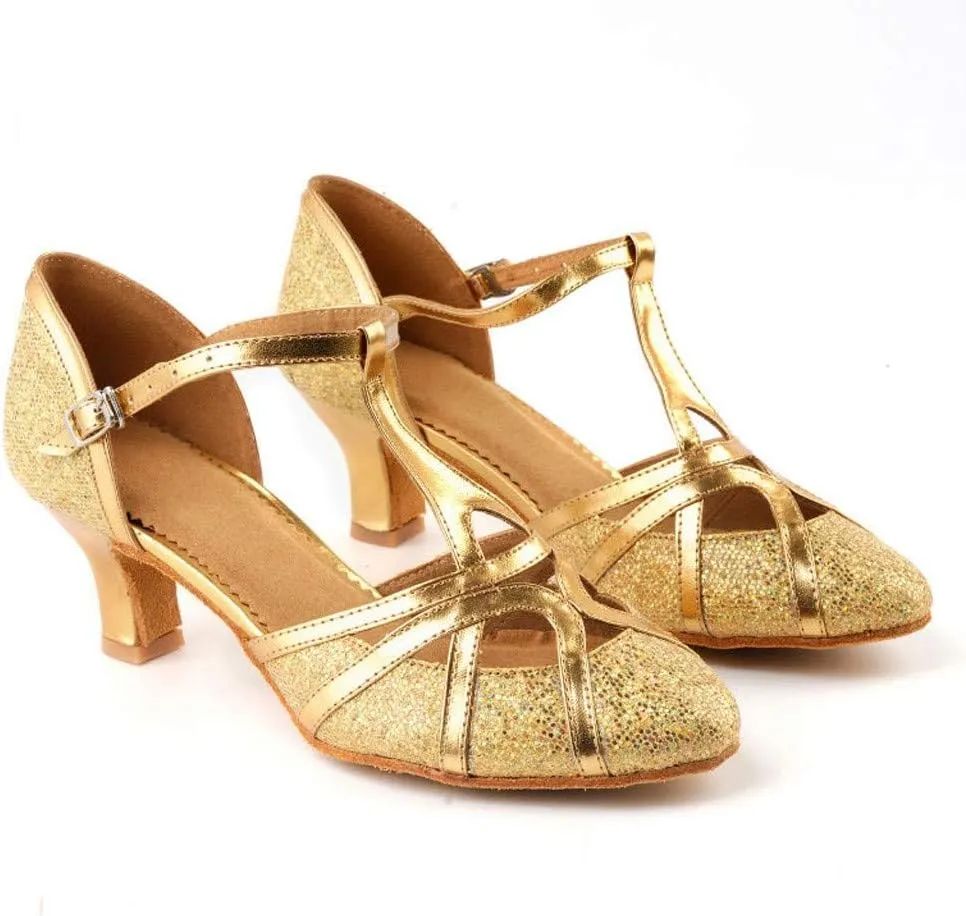 Hbeylia Vintage Dress Pump Sandals Shoes for Women Ladies Glitter Sequin Round Toe Chunky Mid Heels Cross Ankle Strap Dressy Ballet Flats Retro Ballroom Latin Salsa Dance Shoes for Wedding Party