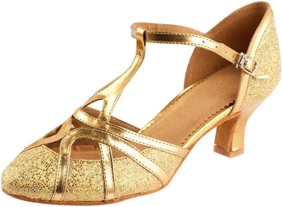 Hbeylia Vintage Dress Pump Sandals Shoes for Women Ladies Glitter Sequin Round Toe Chunky Mid Heels Cross Ankle Strap Dressy Ballet Flats Retro Ballroom Latin Salsa Dance Shoes for Wedding Party