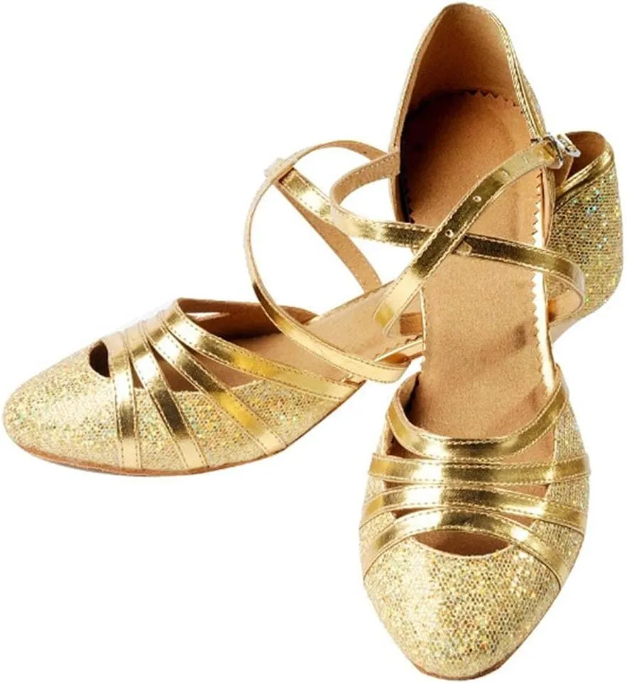 Hbeylia Vintage Dress Pump Sandals Shoes for Women Ladies Glitter Sequin Round Toe Chunky Mid Heels Cross Ankle Strap Dressy Ballet Flats Retro Ballroom Latin Salsa Dance Shoes for Wedding Party