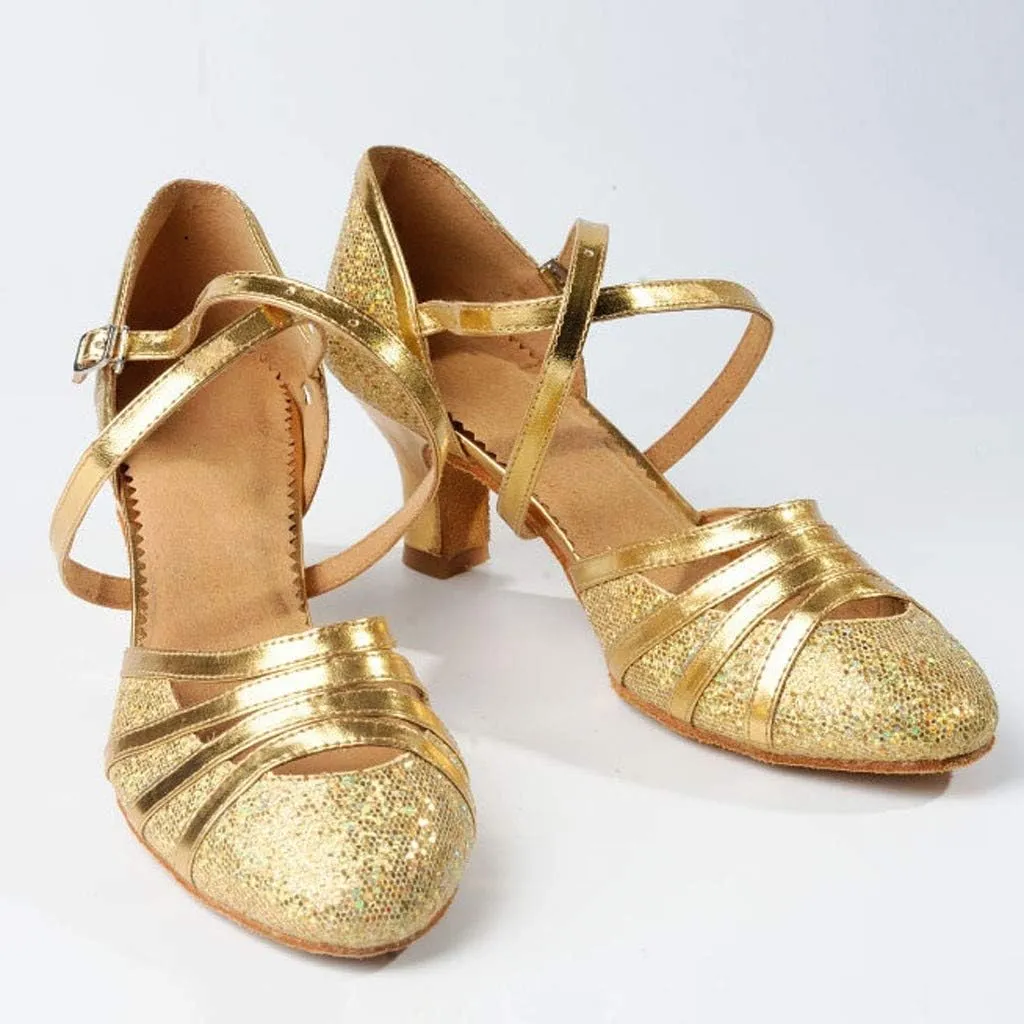 Hbeylia Vintage Dress Pump Sandals Shoes for Women Ladies Glitter Sequin Round Toe Chunky Mid Heels Cross Ankle Strap Dressy Ballet Flats Retro Ballroom Latin Salsa Dance Shoes for Wedding Party