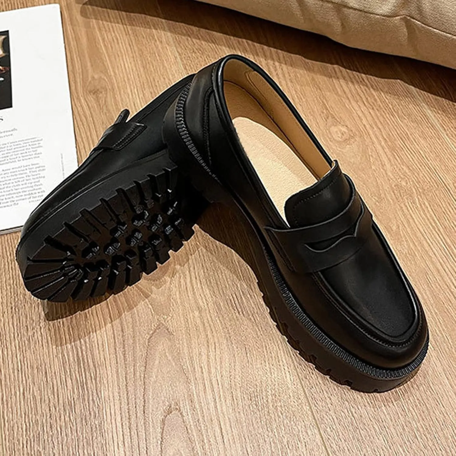 HINDOLA Loafers for Women Lug Sole Platform Chunky Loafers Classic Round Toe Slip On Loafers Comfortable Penny Casual Shoes