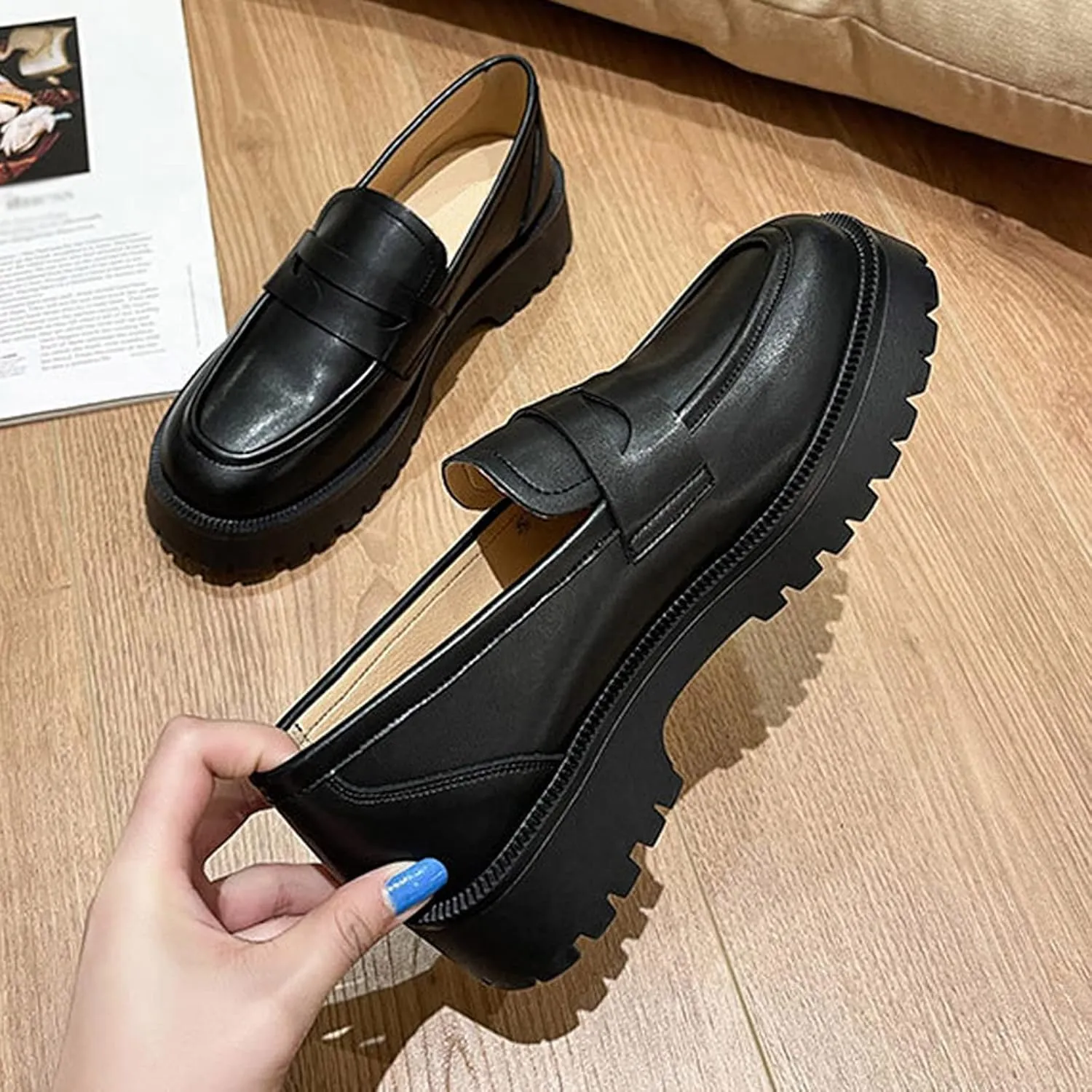 HINDOLA Loafers for Women Lug Sole Platform Chunky Loafers Classic Round Toe Slip On Loafers Comfortable Penny Casual Shoes