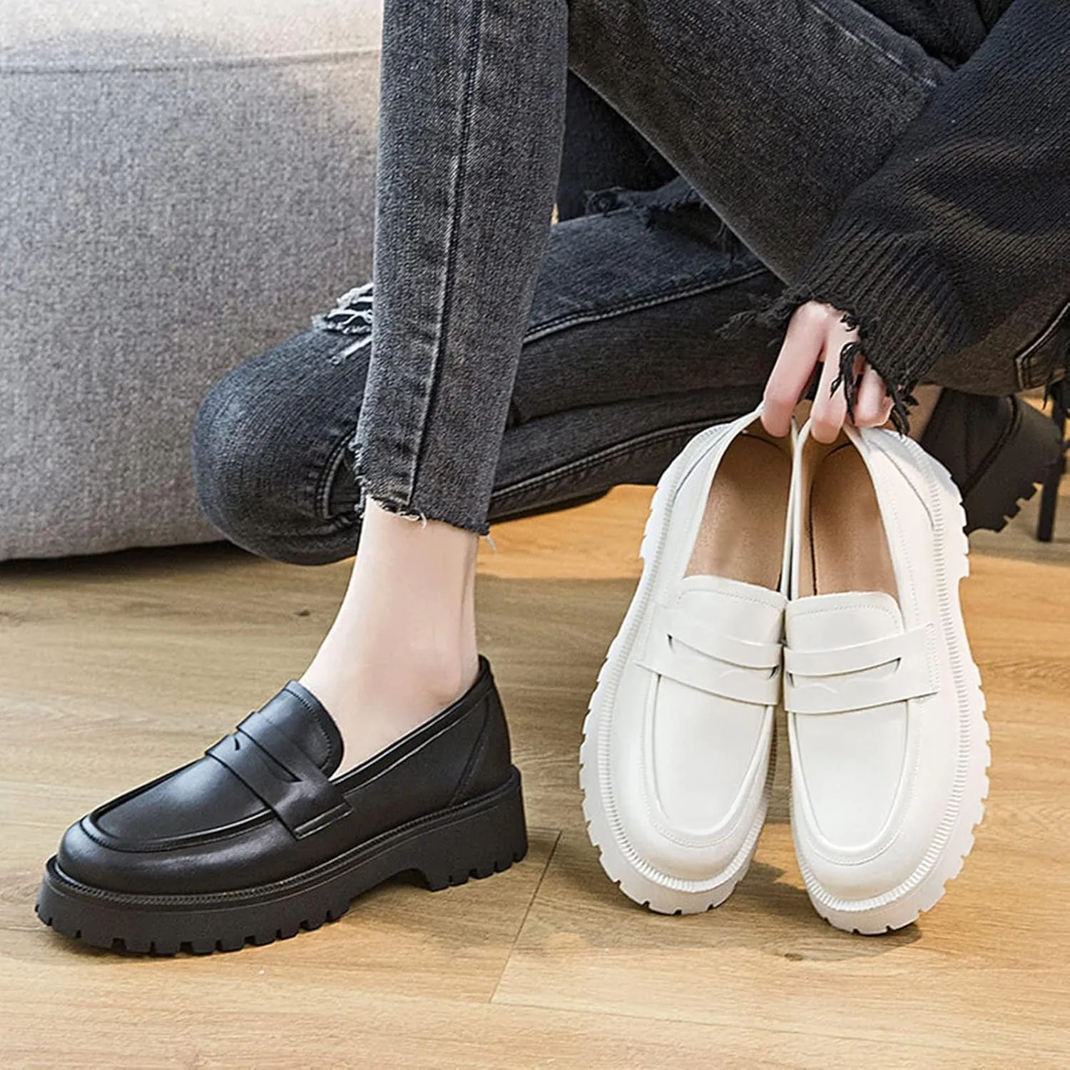 HINDOLA Loafers for Women Lug Sole Platform Chunky Loafers Classic Round Toe Slip On Loafers Comfortable Penny Casual Shoes