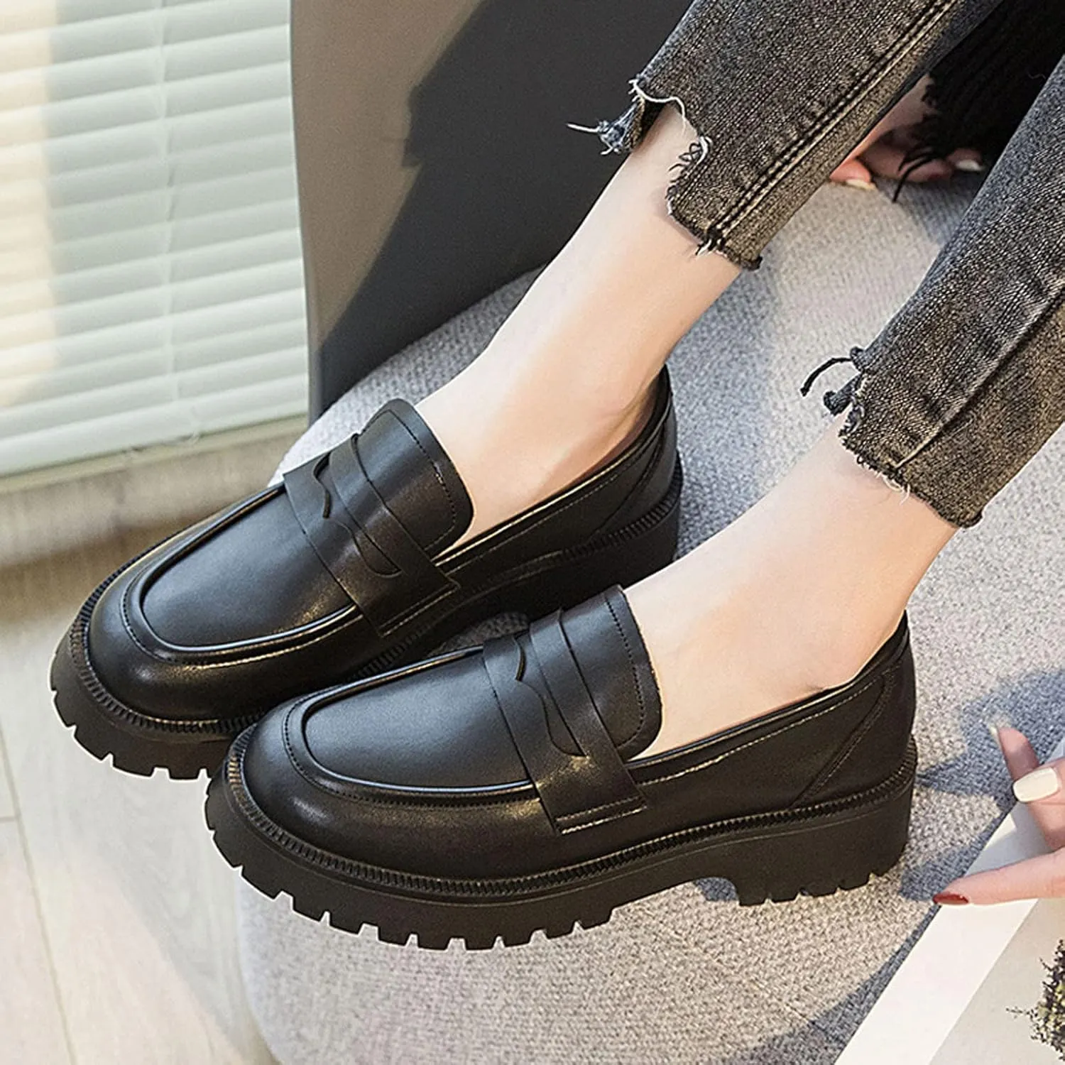 HINDOLA Loafers for Women Lug Sole Platform Chunky Loafers Classic Round Toe Slip On Loafers Comfortable Penny Casual Shoes