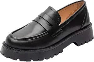 HINDOLA Loafers for Women Lug Sole Platform Chunky Loafers Classic Round Toe Slip On Loafers Comfortable Penny Casual Shoes